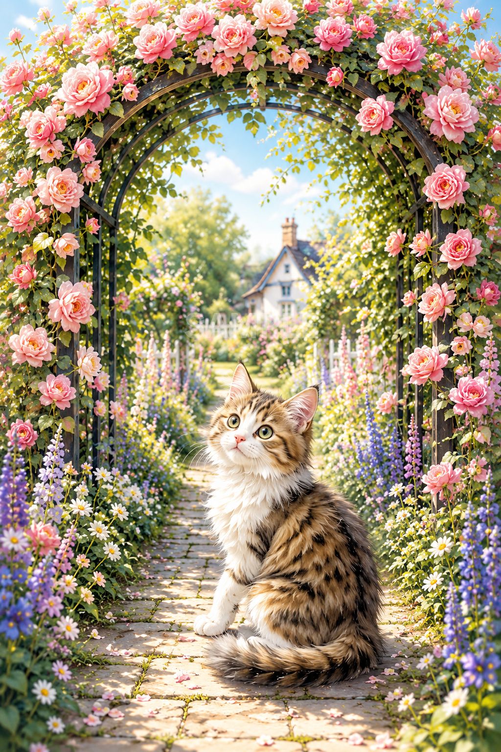 2Lサイズ＊猫とバラのアーチ 癒しのインテリアアート／イングリッシュ