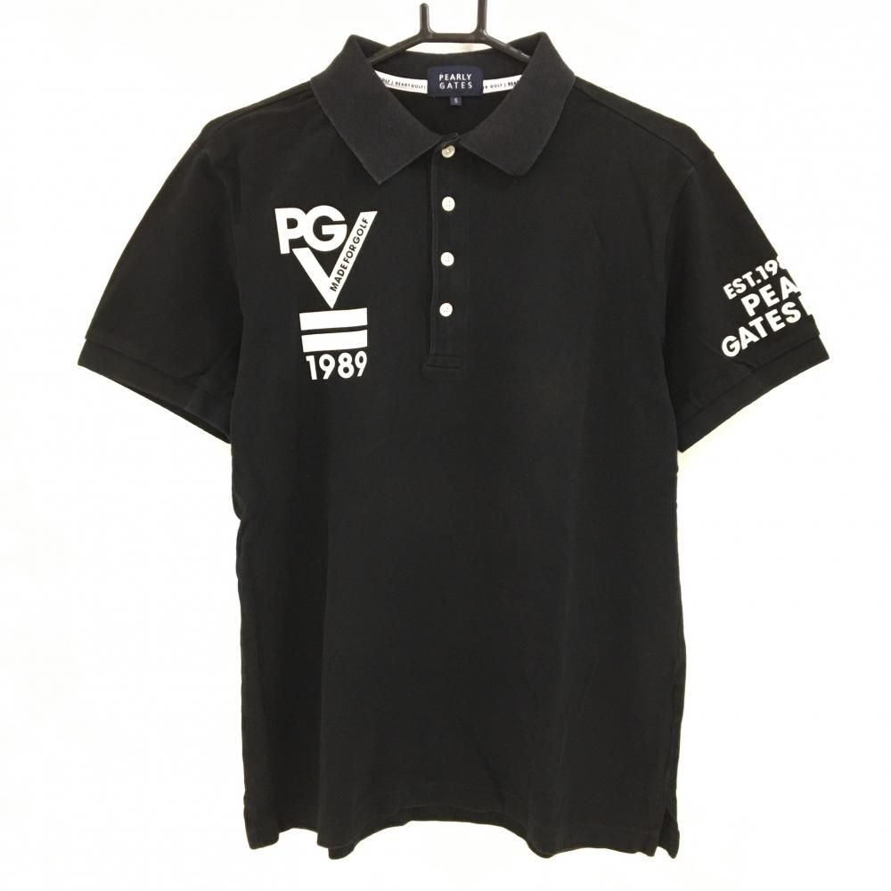 パーリーゲイツ 半袖ポロシャツ 黒×白 フロッキーワッペン メンズ 5(L 
