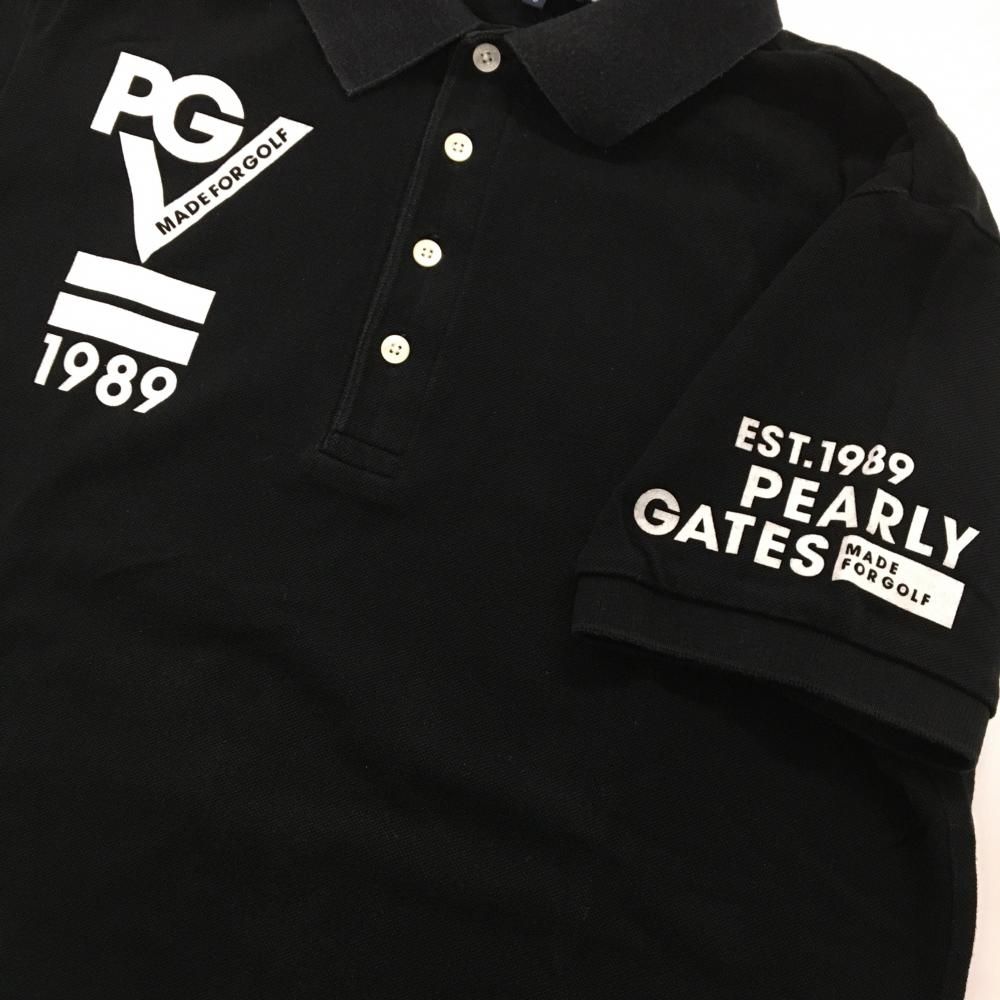 パーリーゲイツ 半袖ポロシャツ 黒×白 フロッキーワッペン メンズ 5(L 
