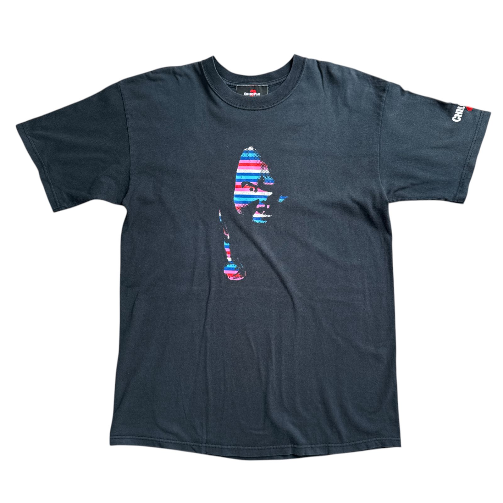 90s - 00s Child’s Play 2 “Sorry Jack” Chucky Striped ストライプ フェイス ムービーTシャツ Lサイズ 映画 ホラー チャイルドプレイ2 チャッキー プロモ Vintage ヴィンテージ ビンテージ
