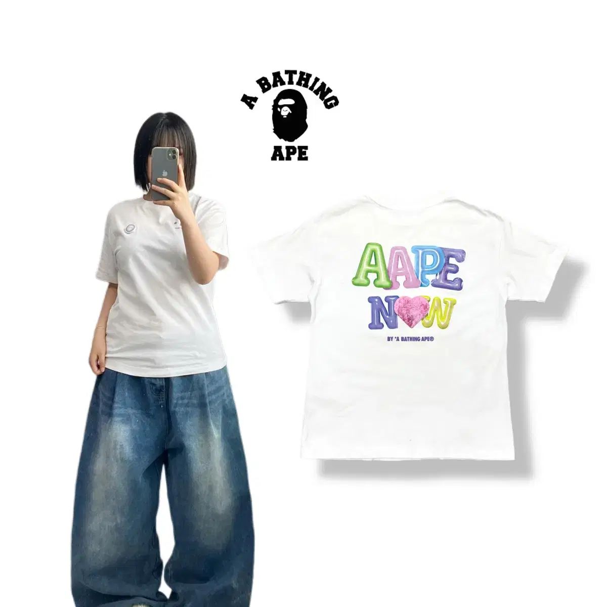 A BATHING APE アベイシングエイプ レインボー 立体 ビックロゴ 半袖 Tシャツ 白