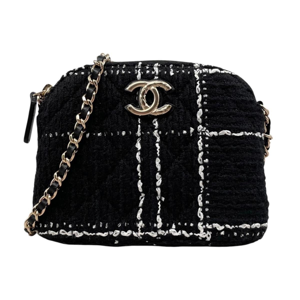 ☆シャネル ショルダーバッグ ツイード チェーンバッグ ココマーク ブラック ホワイト ゴールド金具 CHANEL