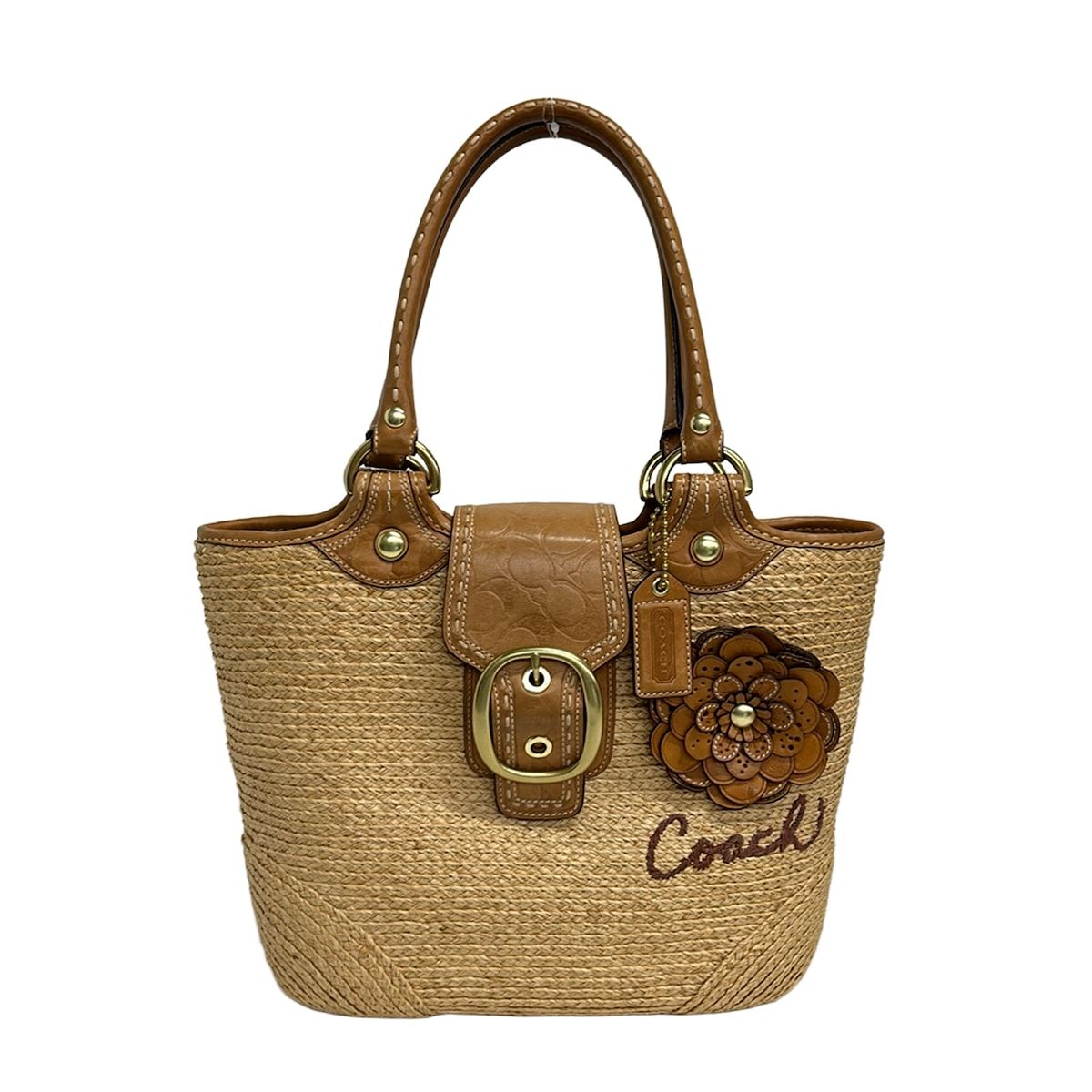 COACH(コーチ) トートバッグ - 11798 ベージュ×ブラウン かごバッグ/フラワー(花) レザー