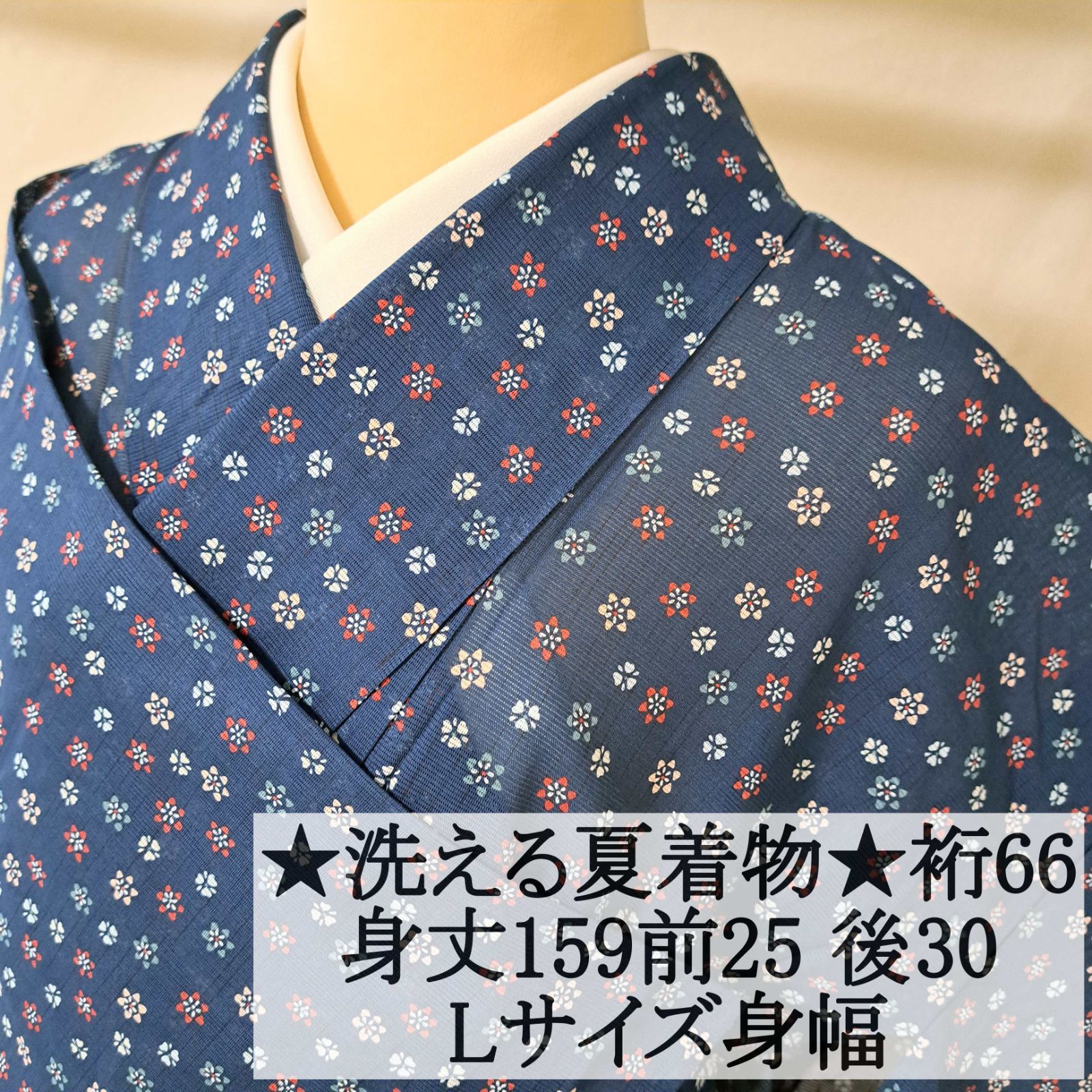 [美品] 小さめ　絽　夏着物　小紋　洗える　紺　カジュアル　お茶　お花　薄物 洗える夏着物・小紋・絽】Lサイズ相当の身幅 紺 小花柄 化繊 れ25M02a