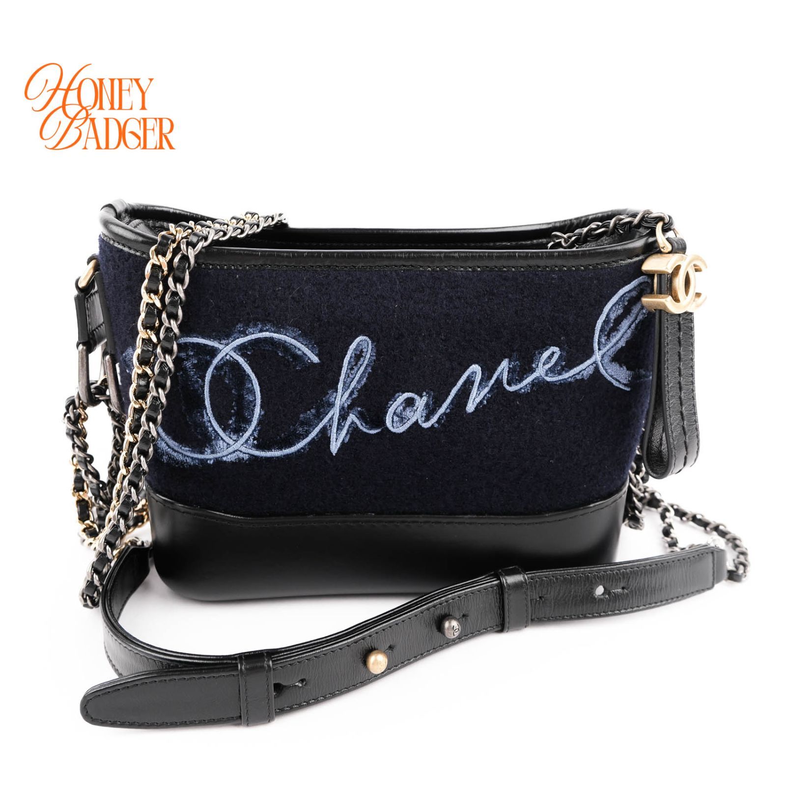 【美品】シャネル CHANEL ガブリエル ドゥ シャネル スモール ホーボー ウール フェルト ネイビー ブラック 黒 紺 2WAY バッグ