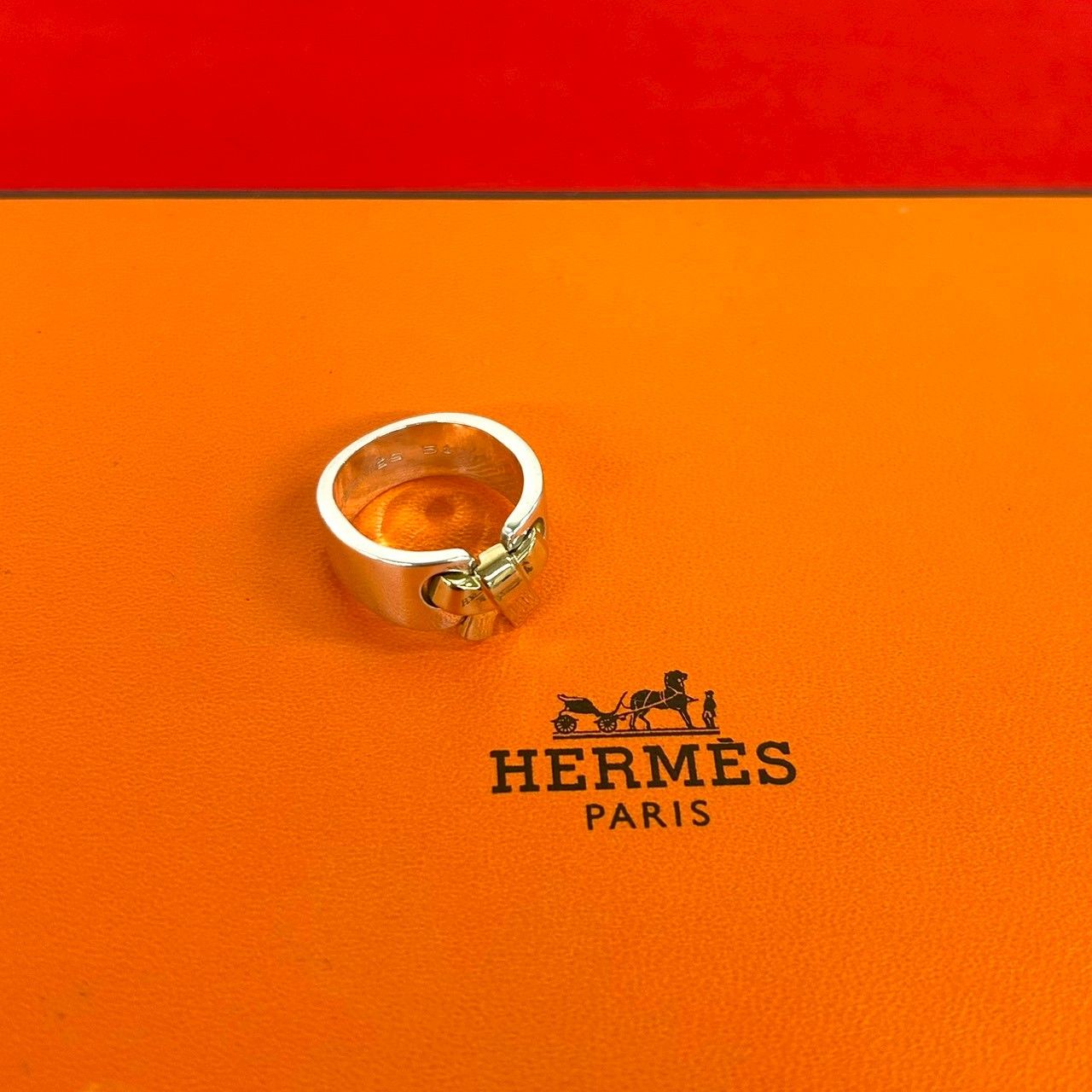 極 美品 HERMES エルメス ラセット リボン リング シルバー925 K18イエローゴールド 指輪 9号 アクセサリー シルバー 39611