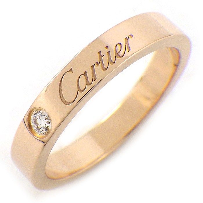 カルティエ Cartier リング C ドゥ カルティエ ウェディング バンド 3mm エングレーブド ロゴ 1ポイント ダイヤモンド K18PG 9号 / #49 【中古】