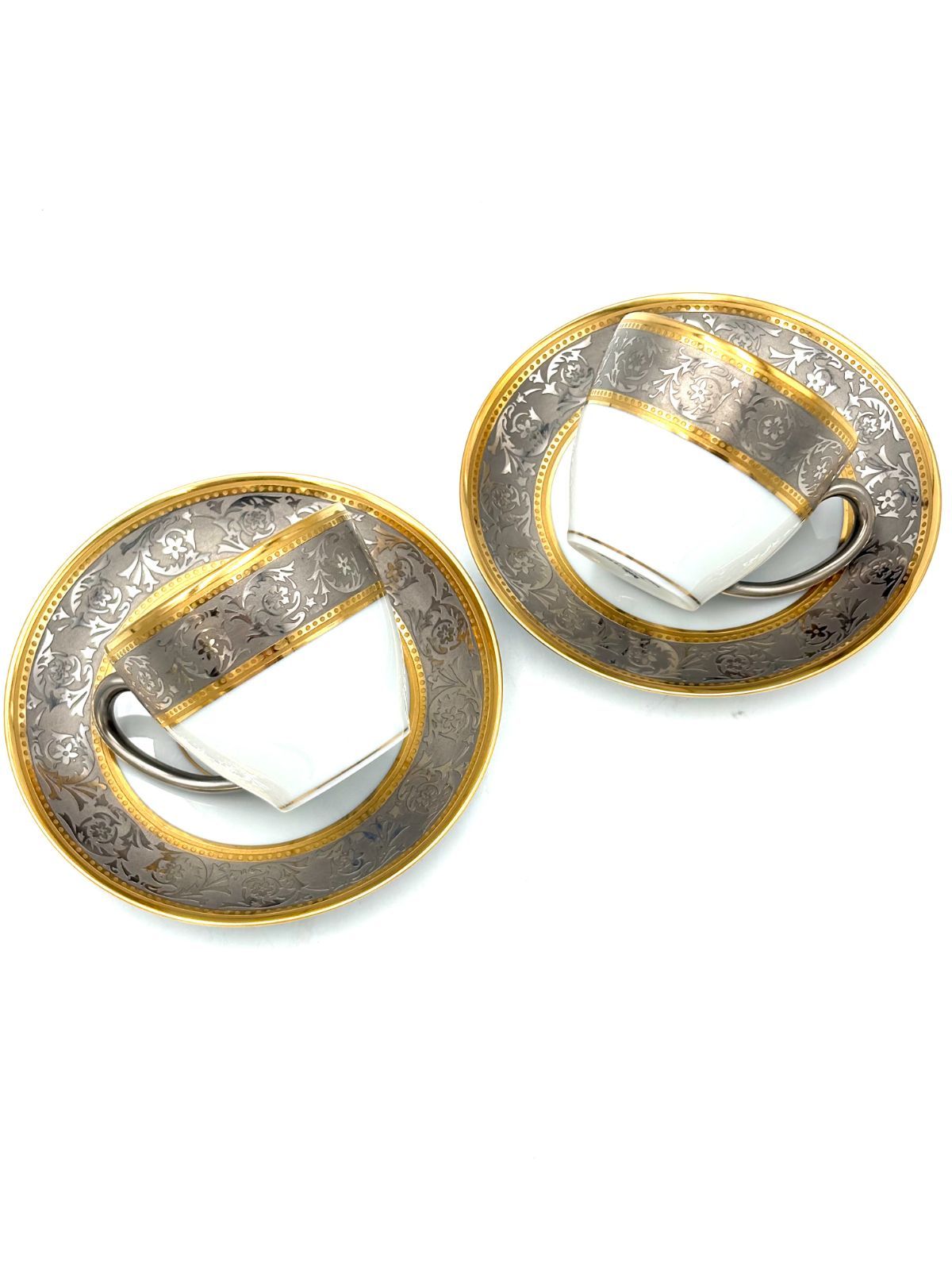【未使用保管品】アビランド Haviland リモージュ Limoges ティスル Thistle 小さめ カップ＆ソーサー 金彩 プラチナ 2客セット