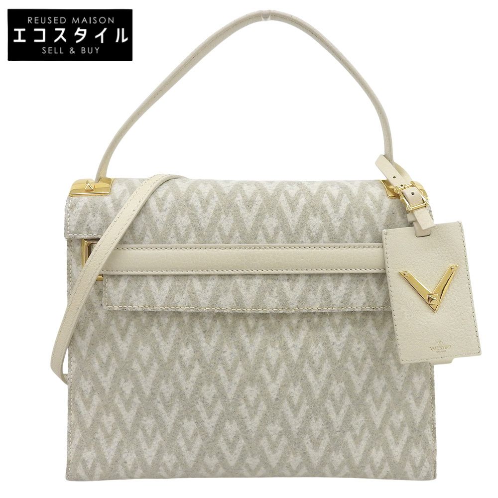 Valentino Garavani　ヴァレンティノガラヴァーニ　スタッズ 2WAYバッグ ハンドバッグ レザー×フェルト レディース アイボリー系