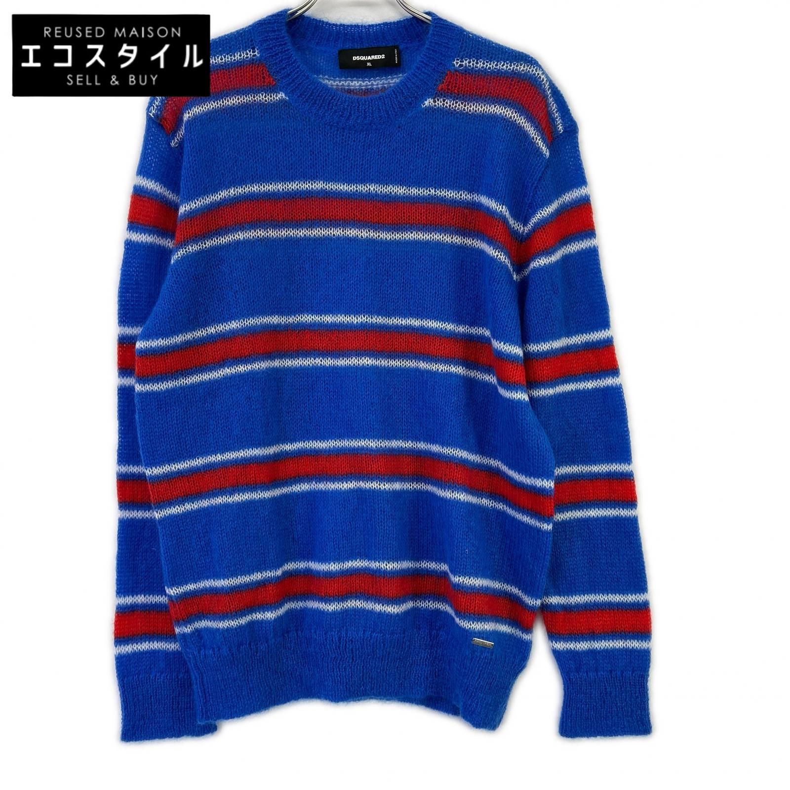 DSQUARED2　ディースクエアード　S74HA1396 ブルー モヘア混 Striped Knit CrewneckPullover　XL