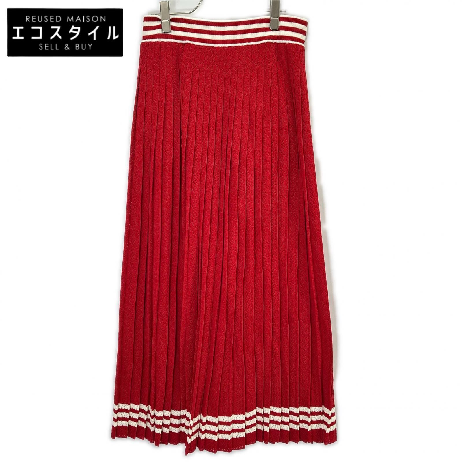 GUCCI　グッチ　×アディダス 705767 XKCF8 レッド×ホワイト シルク混 3ストライプ レースプリーツニットワイドパンツ　XL