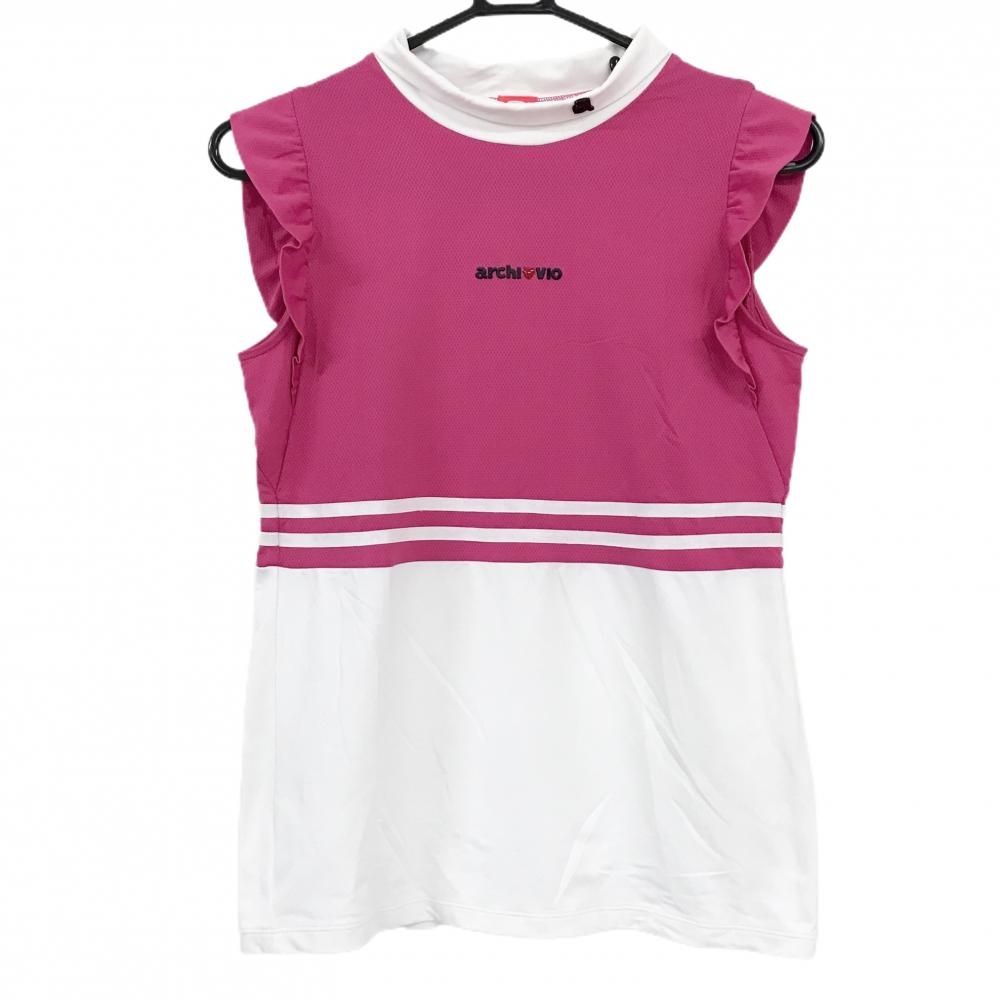 【超美品】アルチビオ ノースリーブハイネックシャツ ピンク×白 袖フリル 胸下ライン  レディース 36(S) ゴルフウェア archivio 超美品】アルチビオ ノースリーブハイネックシャツ ピンク×白 袖フリル