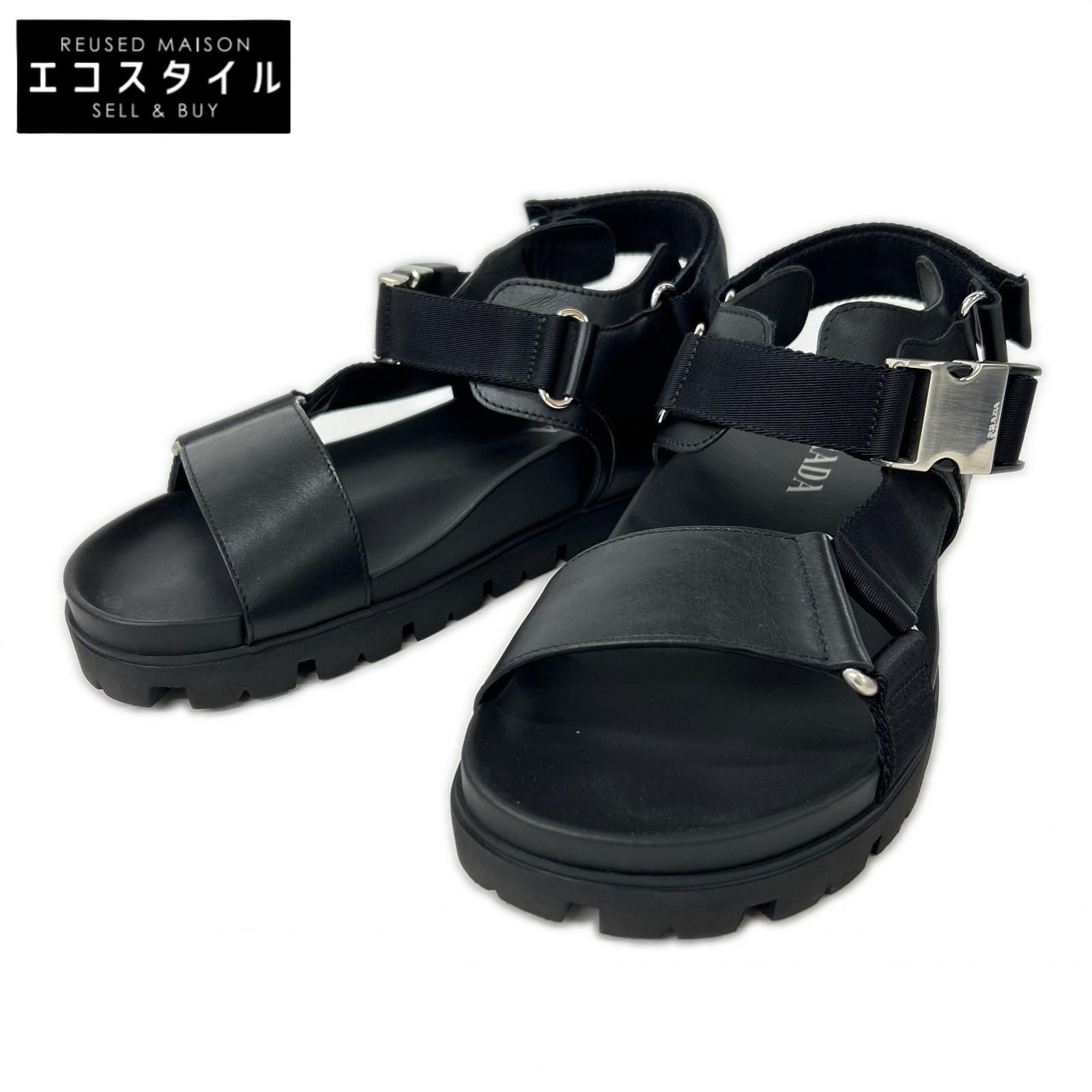 美品 PRADA プラダ レザーバックストラップパンプスサンダル38スクエアトゥ PRADA プラダ 【美品】2X3055 レザーxナイロン バックルストラップ