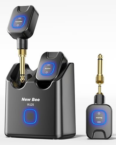 New Bee ギターワイヤレスシステム 5.8GHz エレキギター ベース 送受信機 24bit 48kHz 6チャンネル 3.5mmと6.35mmプラグ 充電ケース付 技適マーク 210-218933 黒 WJ25e