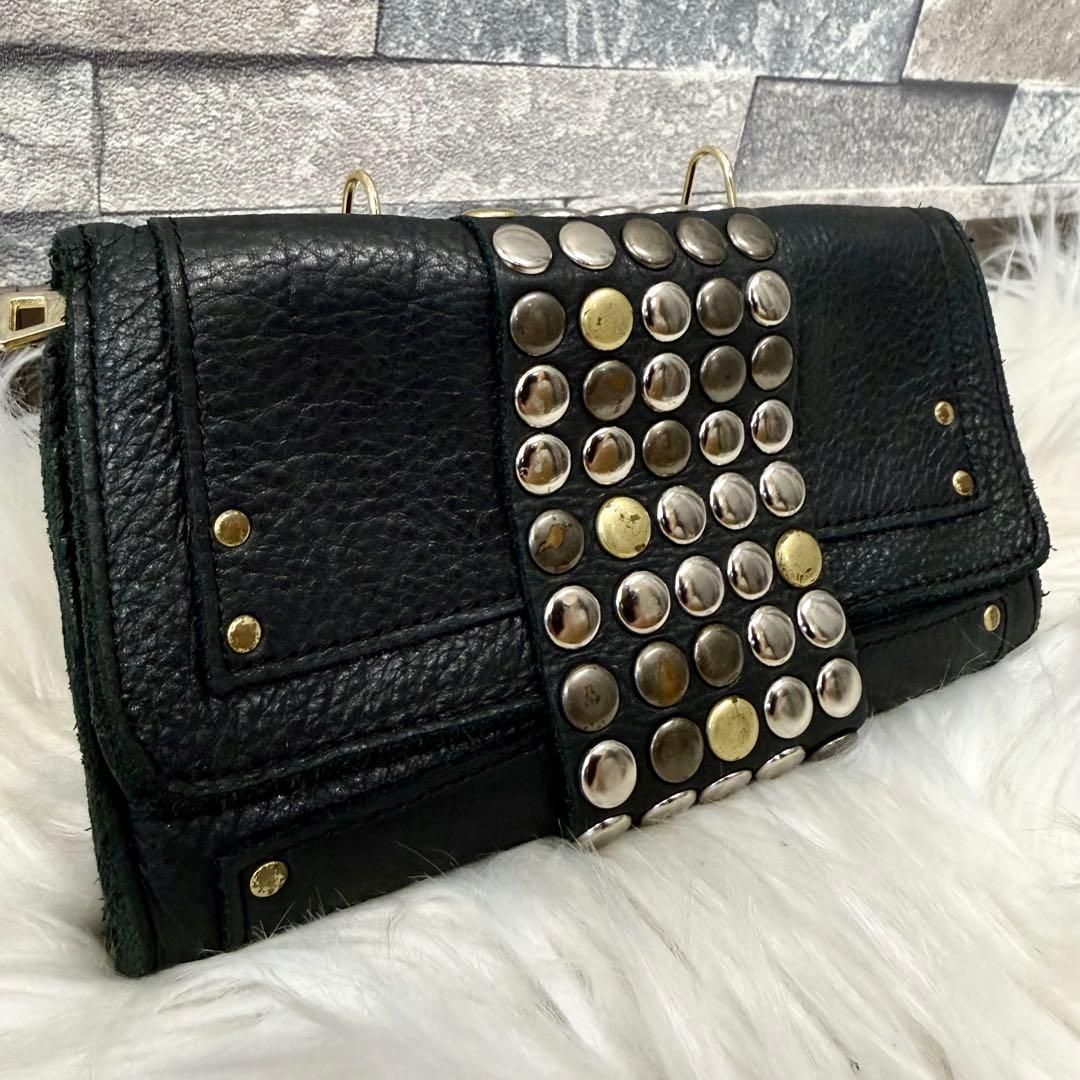 TRES スタッズ付き黒レザー長財布 TRES トレ スタッズレザー長財布 シボ革フラップロングウォレット