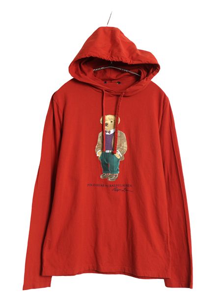 ポロベア ポロ ラルフローレン フード付き プリント 長袖 Tシャツ メンズ S 程 ロンT ロングスリーブ パーカー キャラクター カットソー 赤