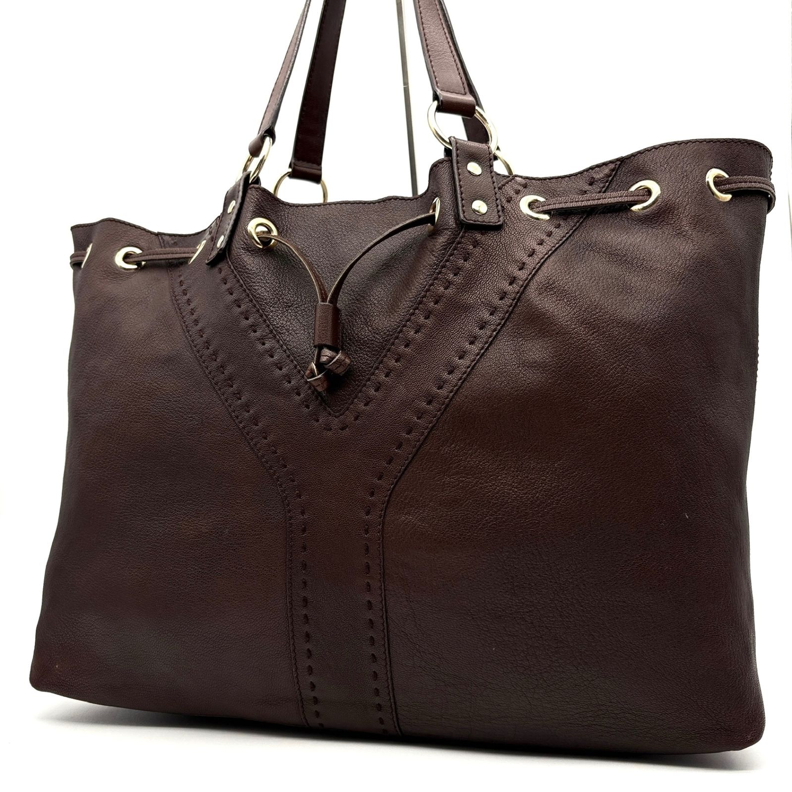 美品 イヴサンローラン Yves Saint Laurent YSL Yロゴ Yステッチ リバーシブル トートバッグ ショルダーバッグ 肩掛け ブラウン×ゴールド レザー 本革 A4収納 ボーナス 夏休み 帰省 お盆 敬老の日 サマーギフト シルバーウィーク