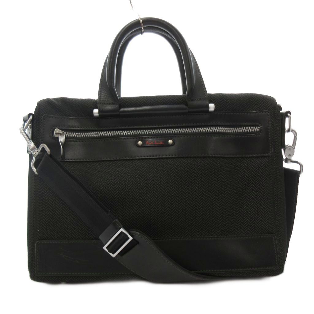 ポールスミス PAUL SMITH 2WAY ビジネスバッグ ブリーフケース キャンバス レザー 切替 ヘリンボーン ショルダー付き 黒 ブラック /KB ■GY99