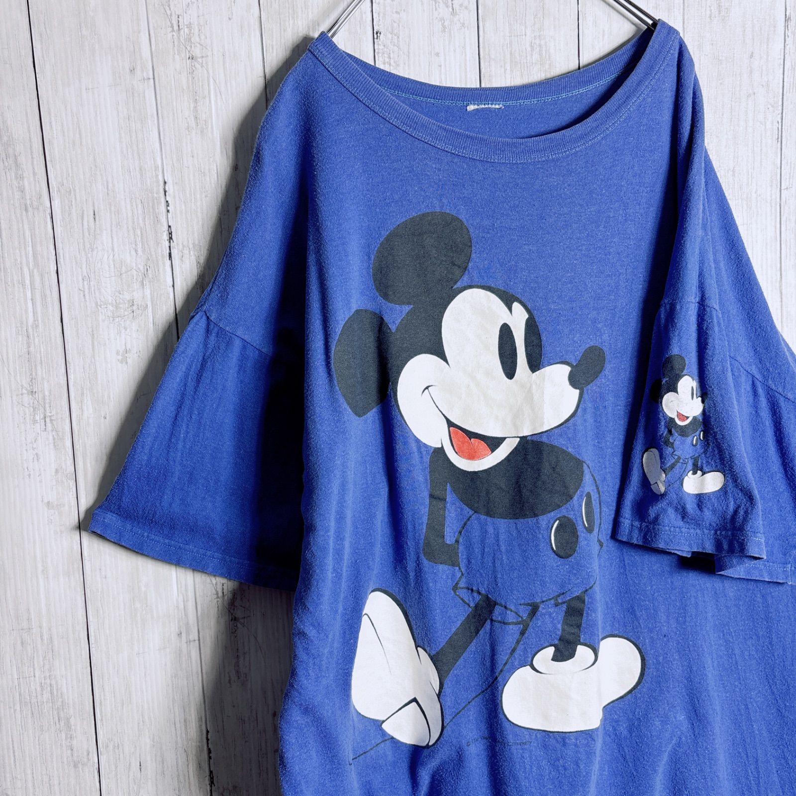 【お宝古着/人気キャラクター】 古着 在原みゆ紀 キムタク 白足ミッキー 90s Vintage Disney T-shirt ディズニー ブルー ミッキーマウス ビッグプリント キャラクター アメカジ 古着 半袖Tシャツ #Q7529