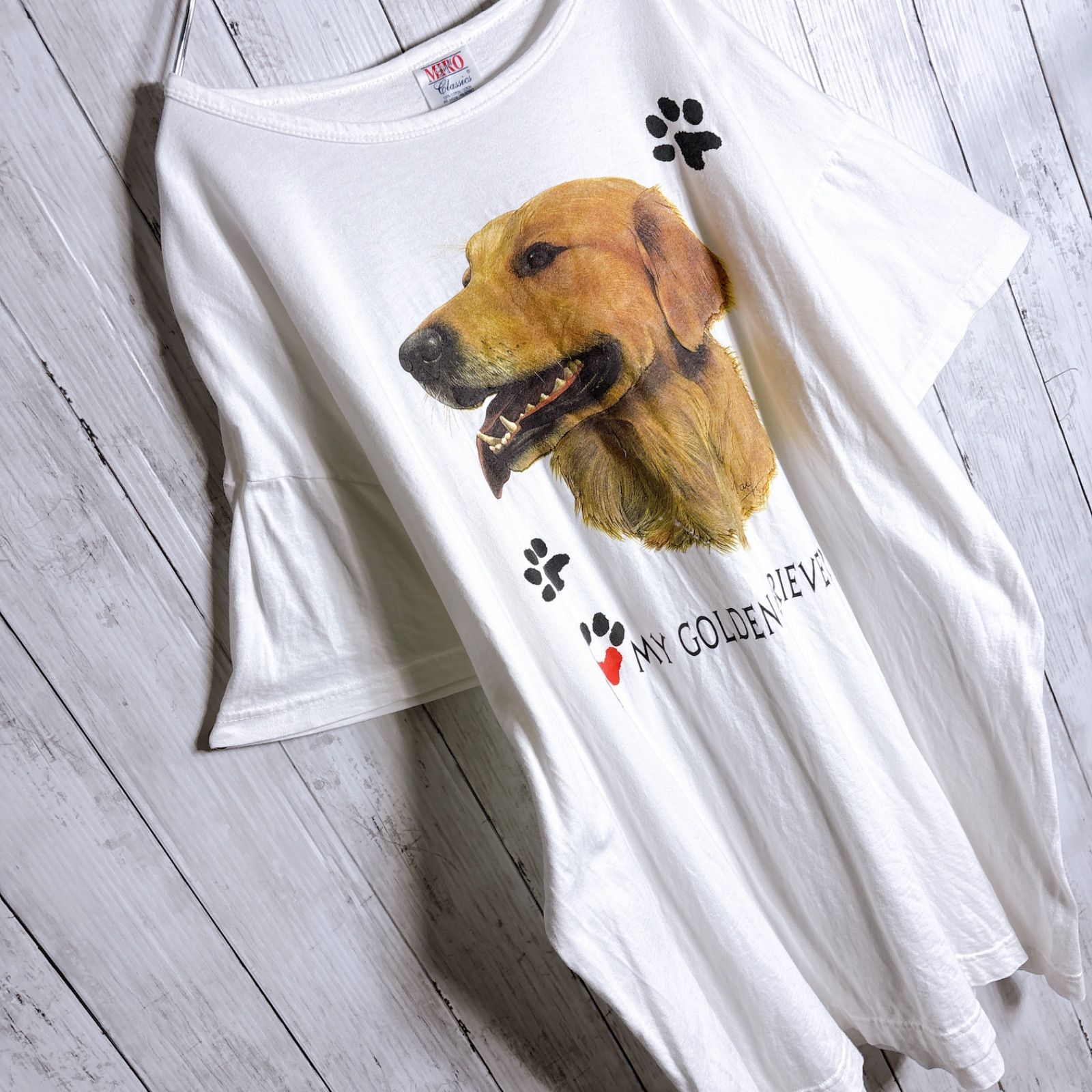 【アニマルデザイン】90s Vintage M&O T-shirt エムアンドオー ホワイト ゴールデンレトリバー 犬 ドッグ アニマル ビッグプリント 古着 半袖Tシャツ #K7084 【アニマルデザイン】90s Vintage M&O T-shirt エムアンドオー ホワイト ゴールデンレトリバー 犬 ドッグ アニマル ビッグプリント 古着 半袖Tシャツ #K7084