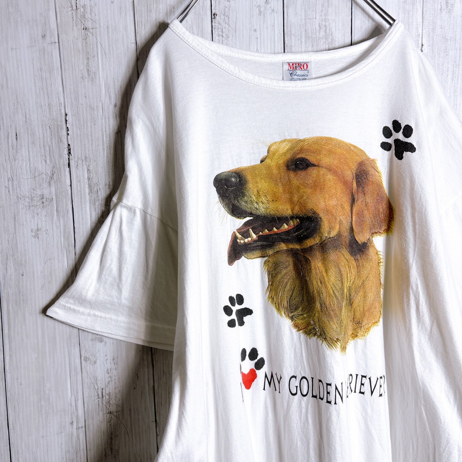 【アニマルデザイン】90s Vintage M&O T-shirt エムアンドオー ホワイト ゴールデンレトリバー 犬 ドッグ アニマル ビッグプリント 古着 半袖Tシャツ #K7084