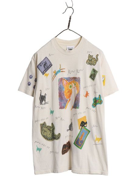 90s USA製 rel e vant products ネコ イラスト プリント 半袖 Tシャツ メンズ レディース M / オールド アート グラフィック アニマル 総柄