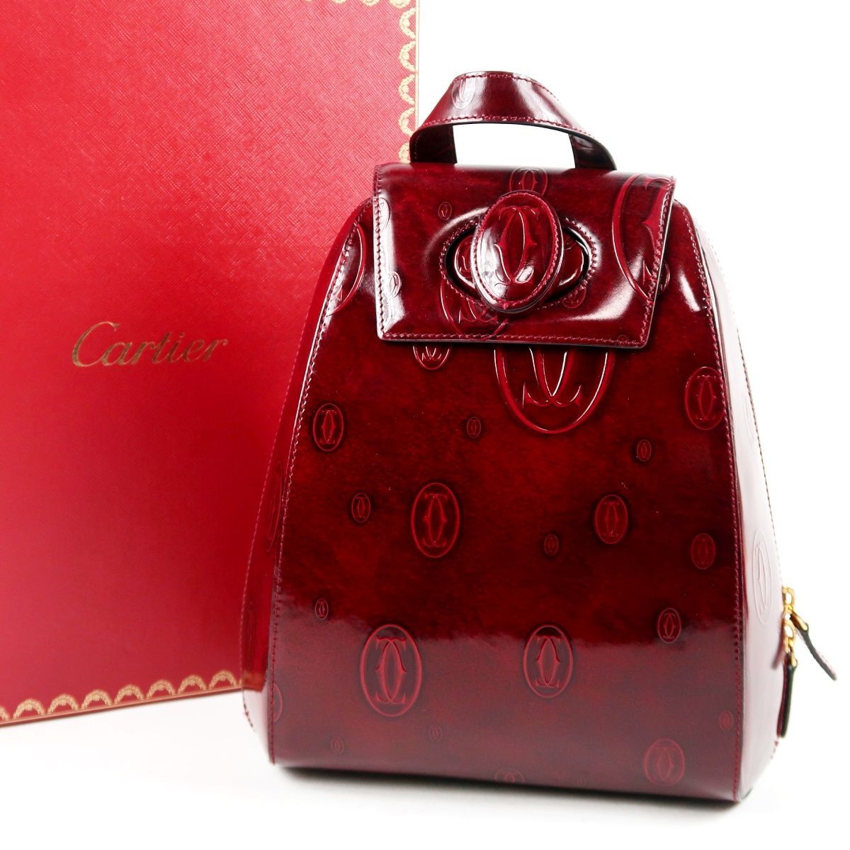 【超美品】Cartier カルティエ ハッピーバースデー 2C ボルドー エナメル リュックサック バックパック ブランド鞄【UU74】