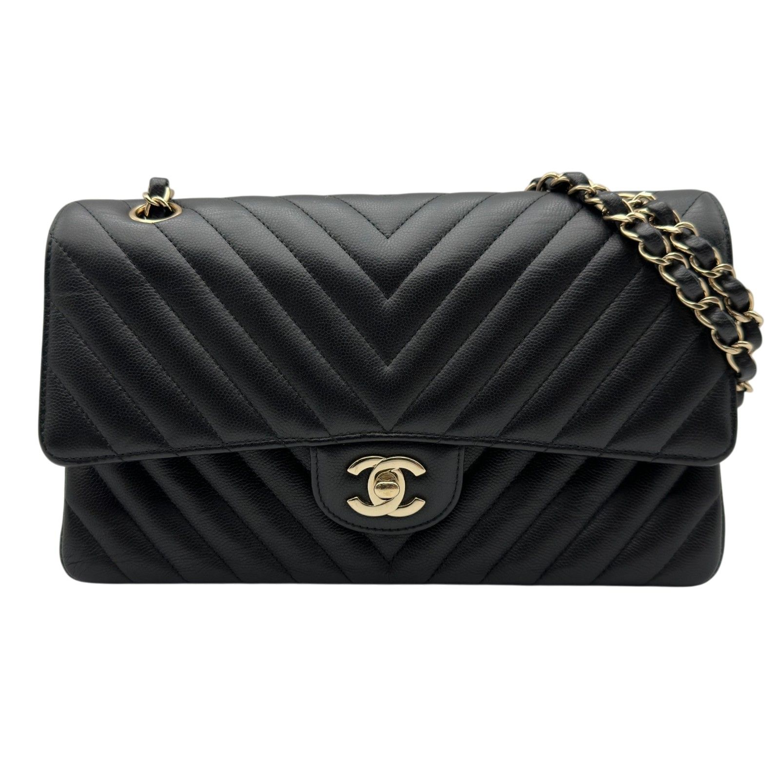 シャネル CHANEL マトラッセ25 Vステッチ A01112 31番台 ブラック ゴールド金具 キャビアスキン レディース ショルダーバッグ