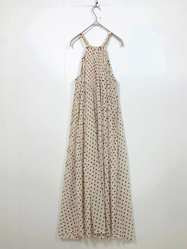 Estella.K エステラケー Agnes Pleated Long Dress ネックチェーンアコーディオンプリーツドレス ワンピース sizeF/ベージュ ■◆◎レディース