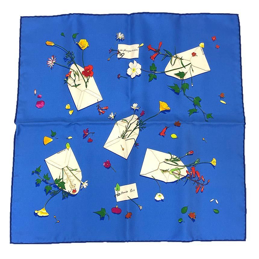 HERMES エルメス スカーフ カレ45 DES FLEURS POUR LE DIRE 花の手紙 ブルー 未使用 aq13079