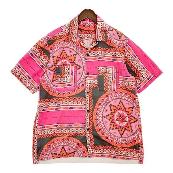 sacai サカイ バンダナプリントシャツ 半袖 オープンカラー ボックスシルエット リゾート メンズ サイズ2 ピンク系 トップス DM19540■
