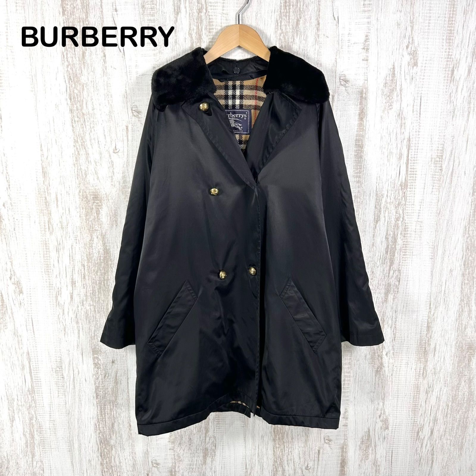 90s Burberrys ヴィンテージ バーバリーズ ノバチェック ファー付き ダブルブレスト ハーフコート ブラック