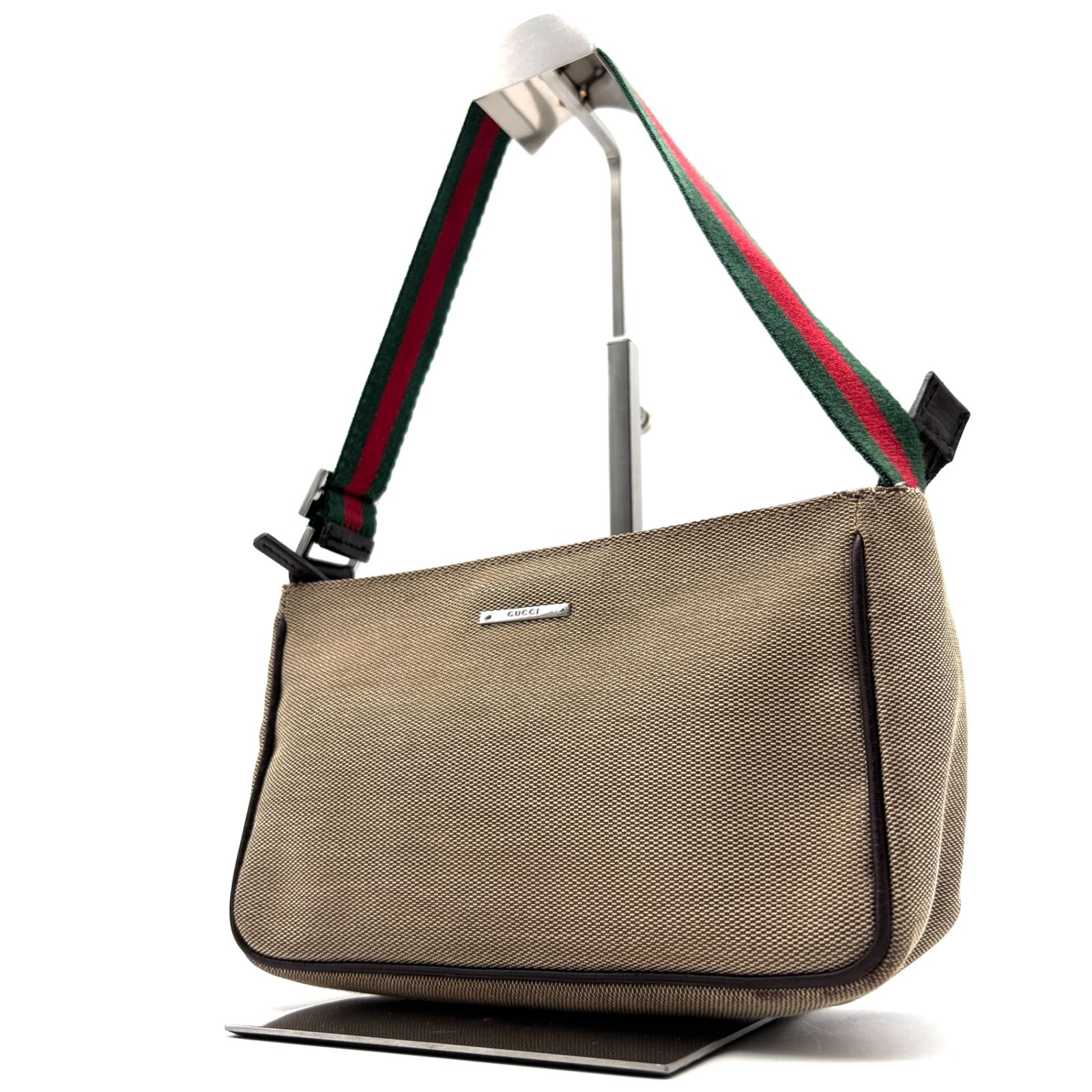 美品 グッチ GUCCI アクセサリーポーチ ハンドバッグ ワンショルダーバッグ シェリーライン ロゴプレート ベージュ ブラウン 茶 キャンバス レザー 本革 ボーナス 夏休み 帰省 お盆 敬老の日 サマーギフト シルバーウィーク ご褒美