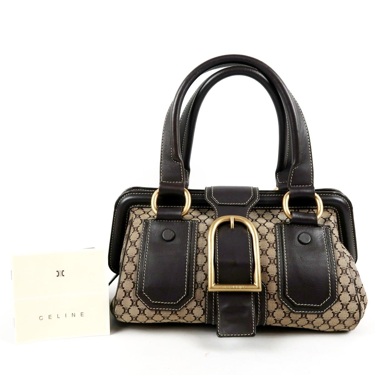 【美品】CELINE セリーヌ マカダム ベルト金具 バックル型 ハンドバッグ ブラウン×ゴールド金具 小物入れ ブランド鞄【UU100】