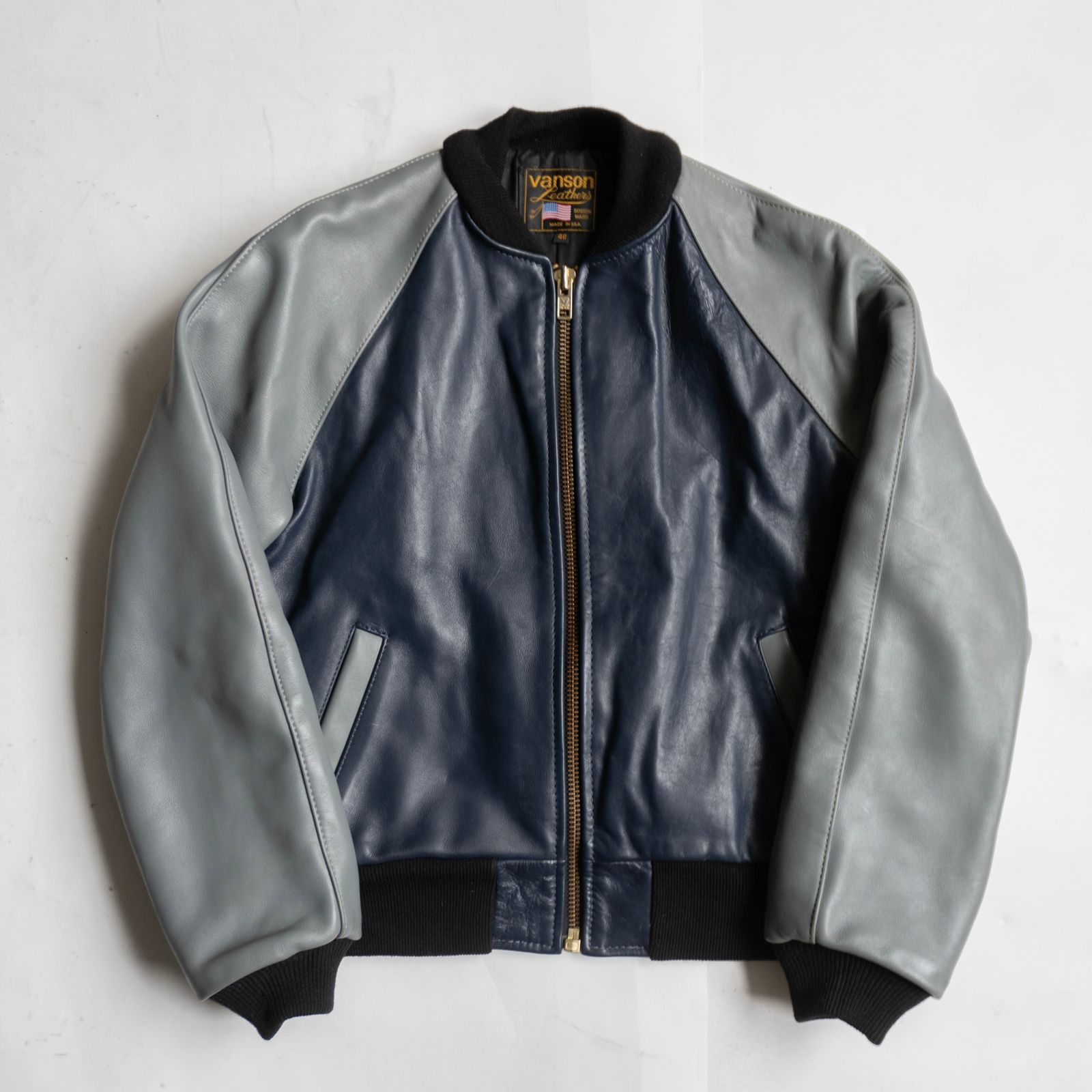 美品】 VANSON 【TJV オールレザー スタジャン】40 グレー ネイビー