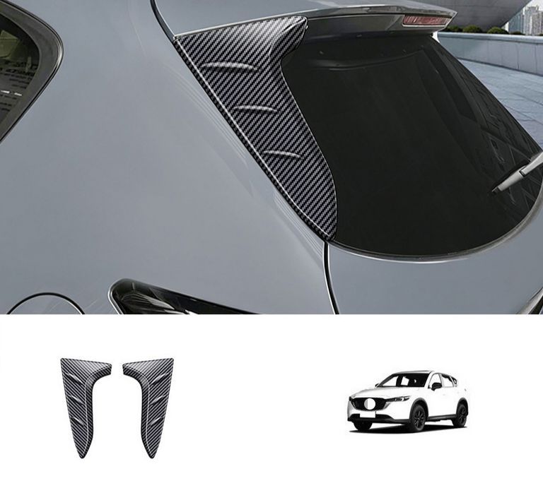 マツダ Mazda CX-5 2025年モデル リアウィンドウガーニッシュ 後部三角ピラー 2P 艶ありブラック カーボン調 ABS製 両面テープ貼り付け式 外装保護 アクセント