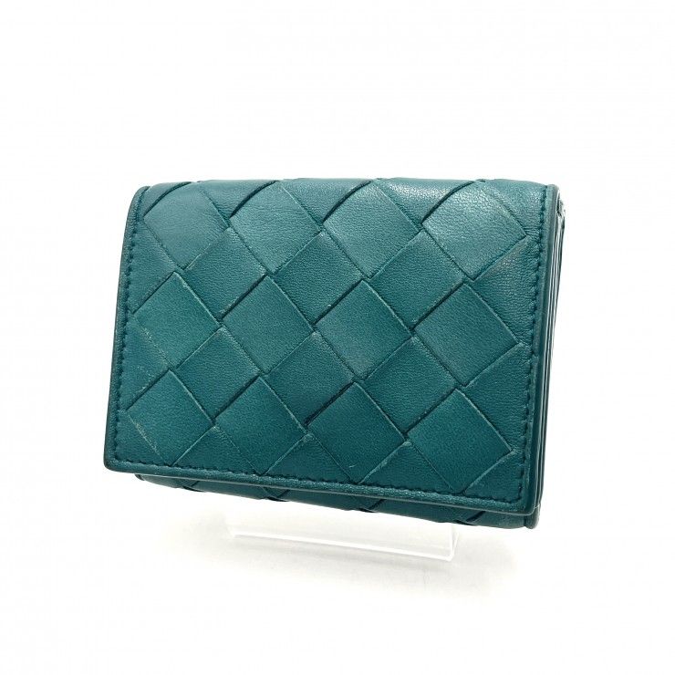 BOTTEGA VENETA（ボッテガ・ヴェネタ）イントレチャート 三つ折り財布 コンパクトウォレット ミニウォレット レザー グリーン系 レディース 【中古】