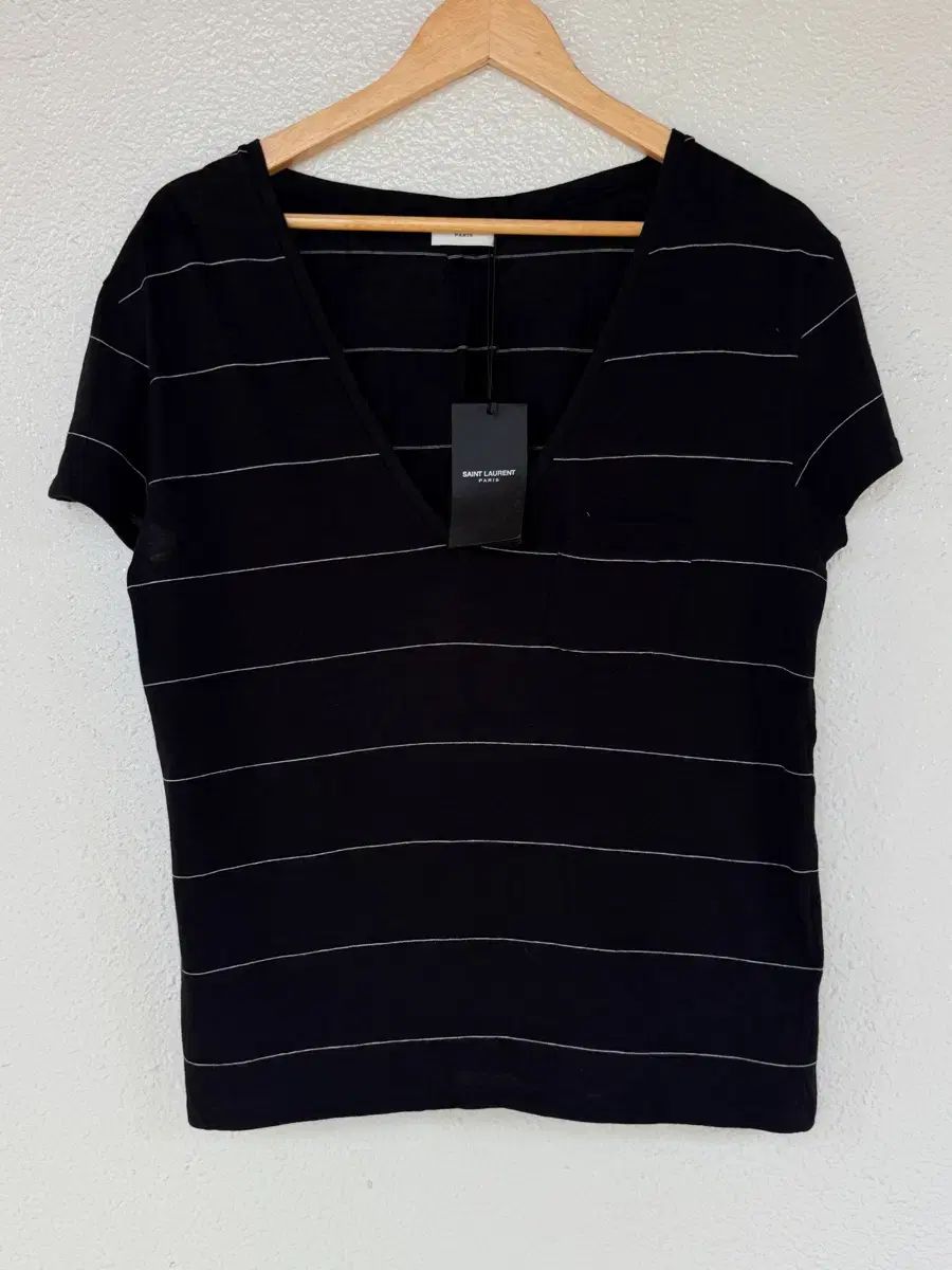 Saint Laurent サンローラン パリ ストライプ Vネック 半袖 Tシャツ ブラック 90