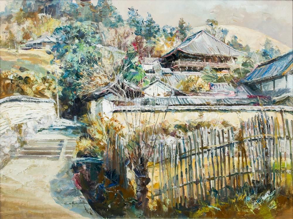 絵画　油彩肉筆画　赤石文雄『能』1979年作　保証書付き 真作】【WISH】赤石文雄「二月堂へ」油彩 12号 大作 共シール ◇石段