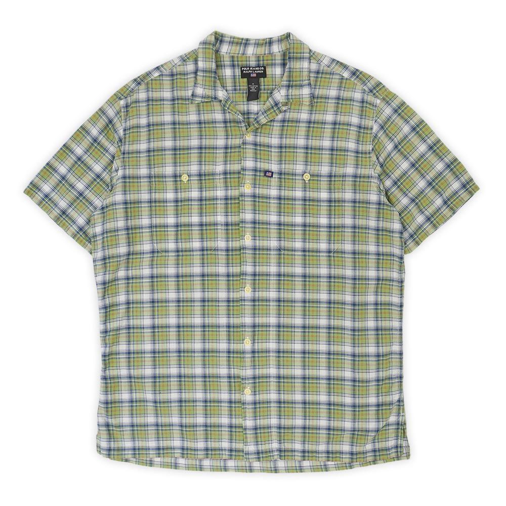 ポロジーンズ POLO JEANS 90s 90年代 オープンカラーシャツ ループ 開襟 半袖 インド綿 ラルフローレン USA ヴィンテージ 古着 メンズ シャツ グリーン系 マドラスチェック柄 M【中古】