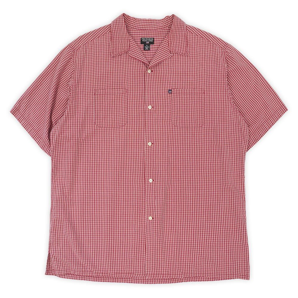 ポロジーンズ POLO JEANS 90s 90年代 オープンカラーシャツ 半袖 ループ 開襟 ボックス インド綿 ラルフローレン USA ヴィンテージ 古着 メンズ シャツ レッド系 チェック柄 XL【中古】