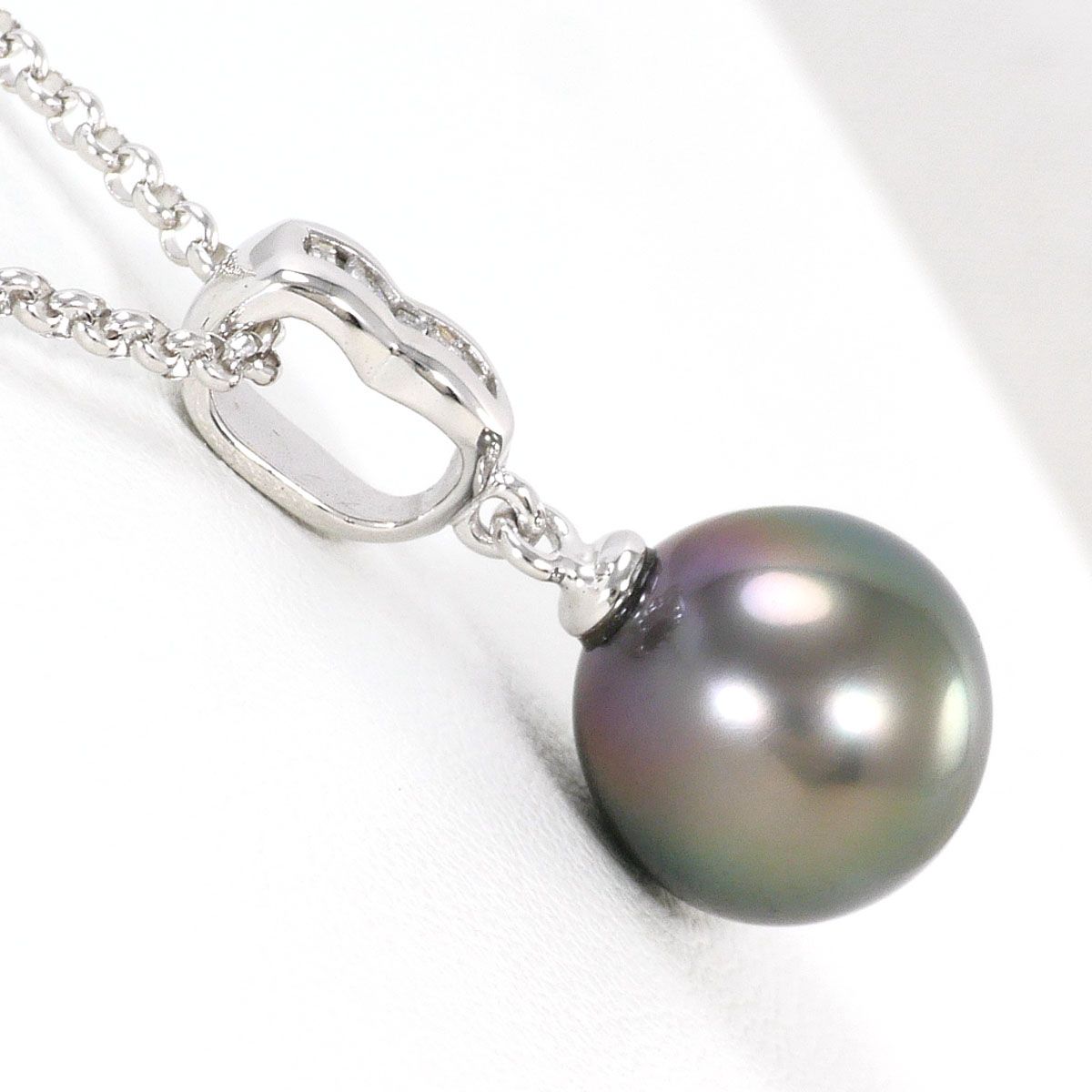 K18WG PT850/プラチナ ネックレス 黒蝶真珠 ダイヤモンド 0.03ct 