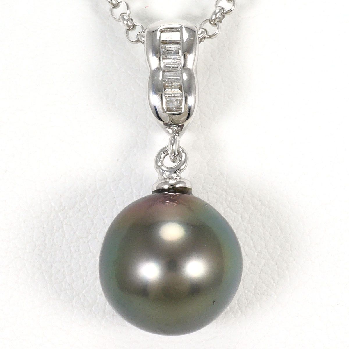 K18WG PT850/プラチナ ネックレス 黒蝶真珠 ダイヤモンド 0.03ct 