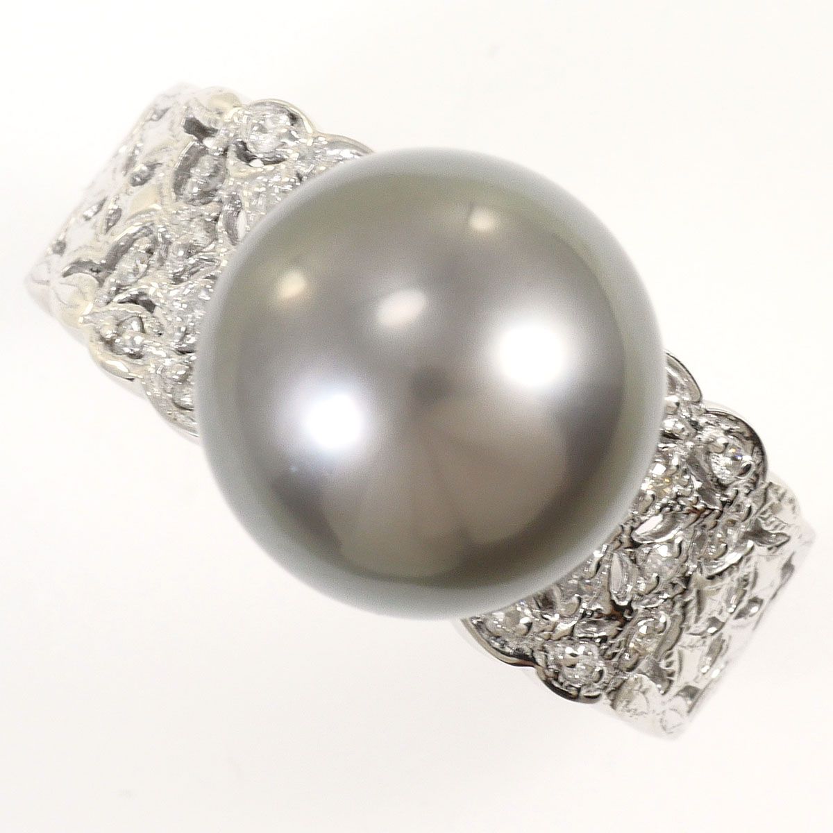 K18WG リング・指輪 15.5号 黒蝶真珠 ダイヤモンド 0.15 ct カード鑑別書 総重量約6.8g