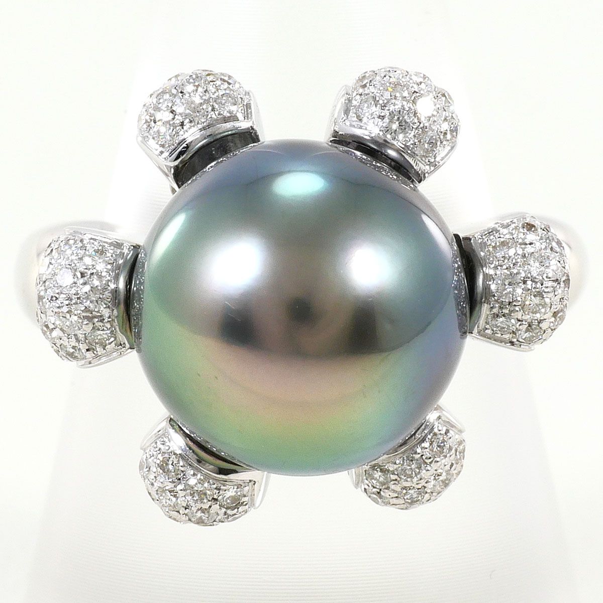 K18WG リング・指輪 15号 黒蝶真珠 ダイヤモンド 0.62 ct カード鑑別書 総重量約15.1g