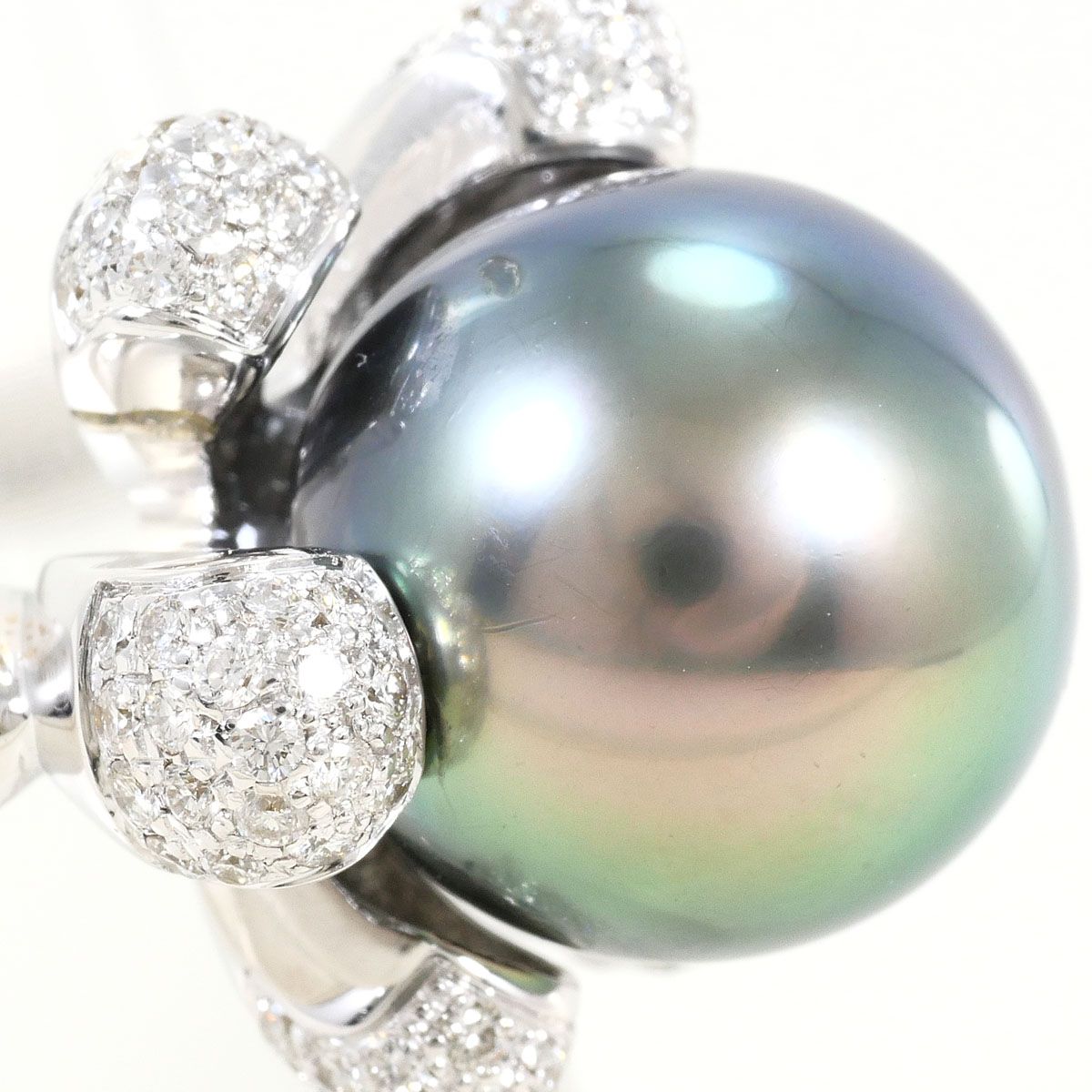 K18WG リング・指輪 15号 黒蝶真珠 ダイヤモンド 0.62 ct カード鑑別書 