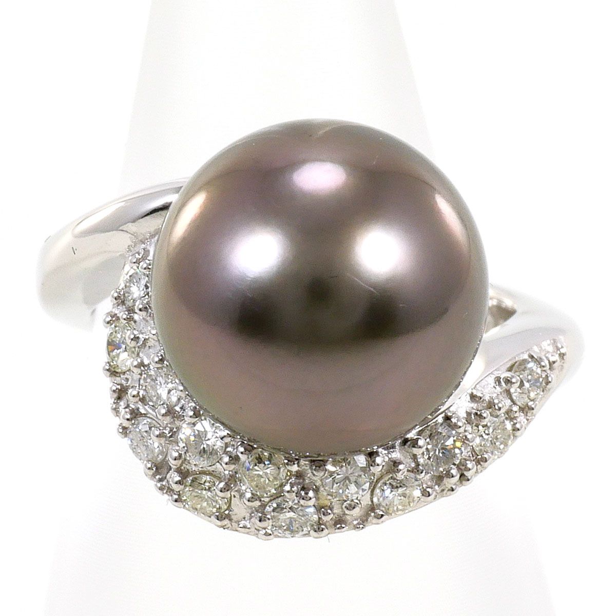 PT900/プラチナ リング・指輪 5号 黒蝶真珠 11ct ダイヤモンド 0.30ct カード鑑別書 総重量約10.2g