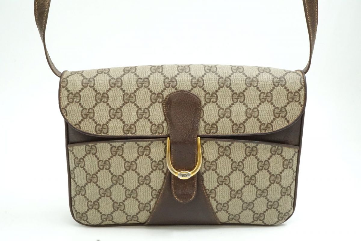 オールド グッチ ヴィンテージ 2way ショルダー バッグ クラッチ GGプラス ロゴ PVCキャンバス 茶 ブラウン GUCCI 6963h