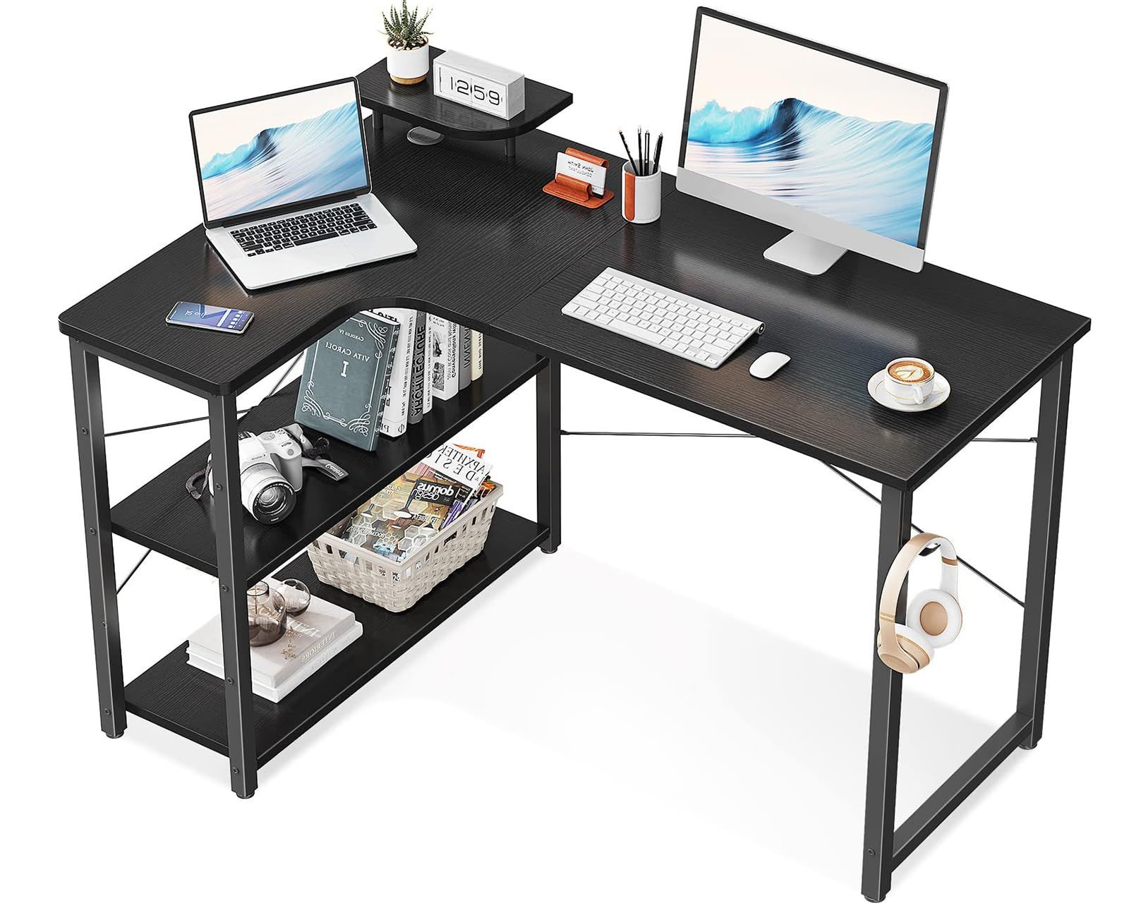 ★新品★ODK パソコンデスク L字 ゲーミングデスク 幅110 L字デスク pcデスク desk 机 ラック付き 収納 オフィスデスク 在宅勤務 組立簡単 書斎 ブラック 左棚 3a341f72