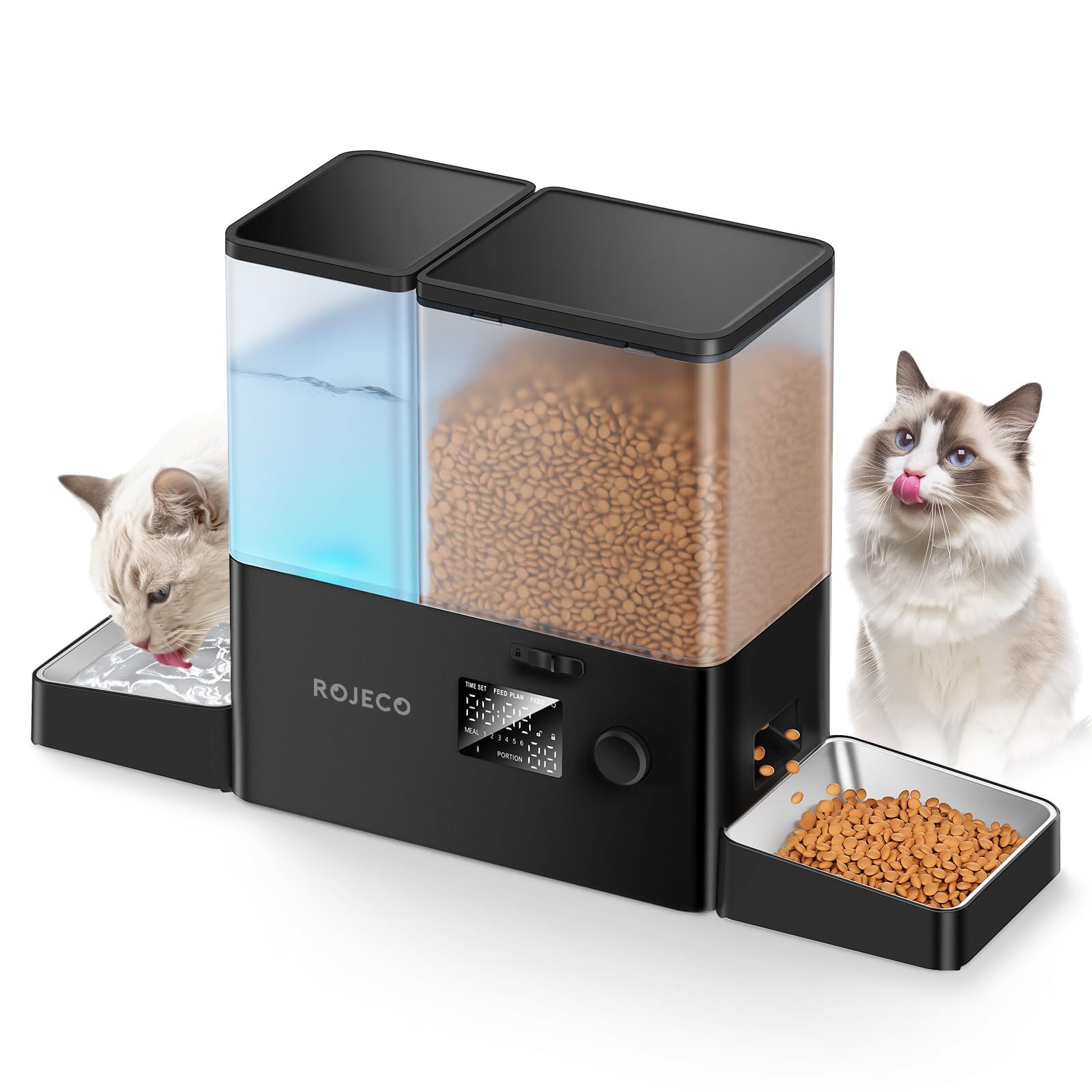 ★新品★ROJECO 自動給餌器 猫 給水器一体化 餌やり機5L大容量 + 給水器 3.5L 餌詰まり防止 透明タンク 多頭飼いに向け2WAY給電 手動給餌 餌やり機 ステンレス皿 操作簡単 1日6食(ブラック) 2a680911